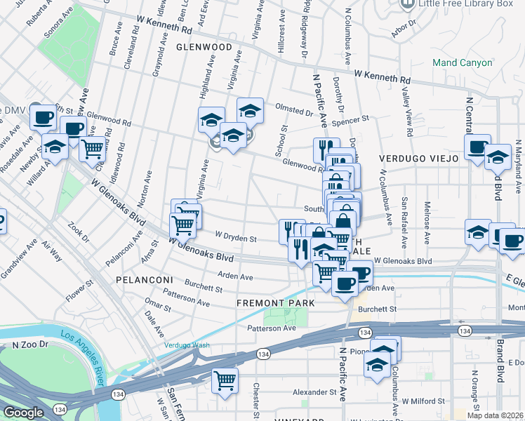 map of restaurants, bars, coffee shops, grocery stores, and more near 606 South Street in Glendale