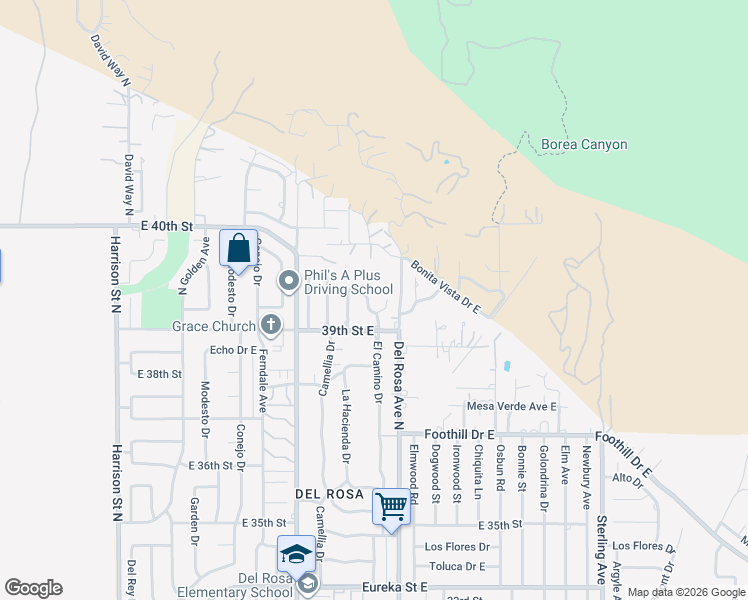 map of restaurants, bars, coffee shops, grocery stores, and more near 3962 La Hacienda Drive in San Bernardino