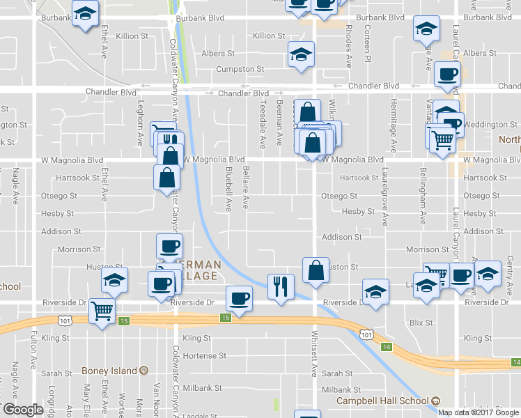 map of restaurants, bars, coffee shops, grocery stores, and more near 12633 Hesby Street in Los Angeles