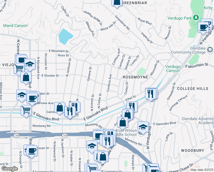 map of restaurants, bars, coffee shops, grocery stores, and more near 1149 Cordova Avenue in Glendale