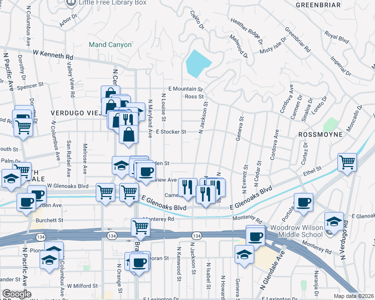 map of restaurants, bars, coffee shops, grocery stores, and more near 1122 Campbell Street in Glendale