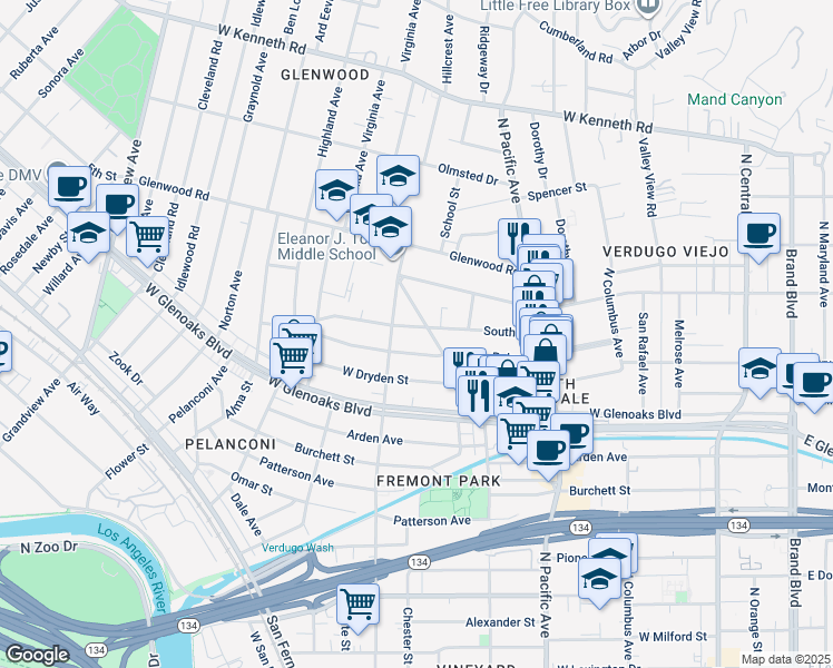 map of restaurants, bars, coffee shops, grocery stores, and more near 606 South Street in Glendale