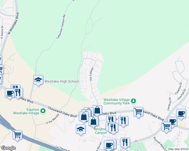 map of restaurants, bars, coffee shops, grocery stores, and more near 422 Via Colinas in Westlake Village
