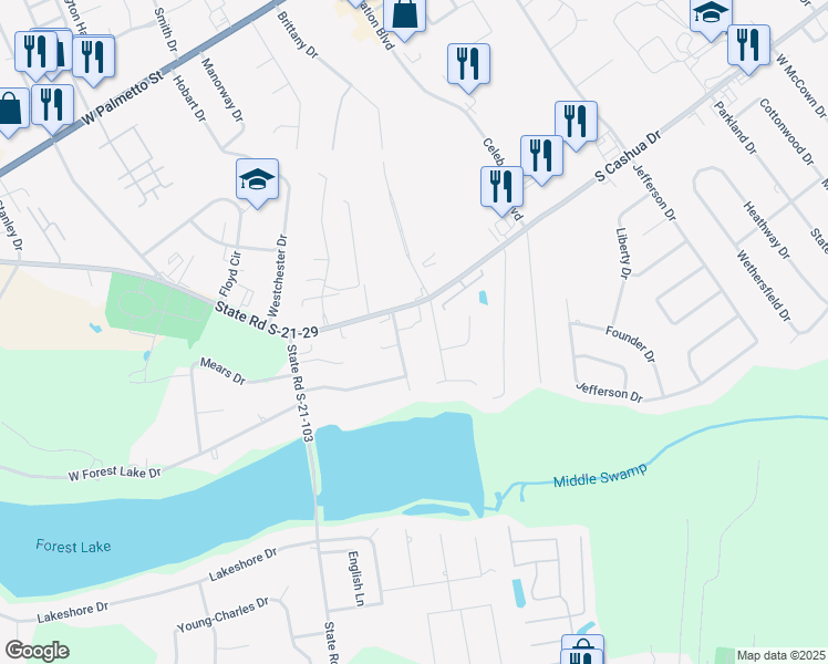 map of restaurants, bars, coffee shops, grocery stores, and more near 1614 Pickford Lane in Florence