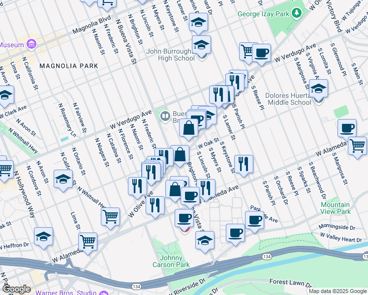 map of restaurants, bars, coffee shops, grocery stores, and more near 6 North Brighton Street in Burbank