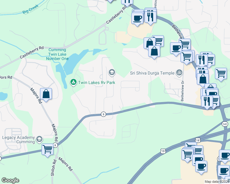map of restaurants, bars, coffee shops, grocery stores, and more near 3033 Kentmere Drive in Cumming