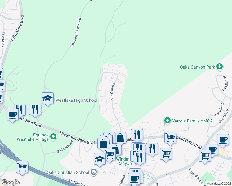 map of restaurants, bars, coffee shops, grocery stores, and more near 422 Via Colinas in Westlake Village