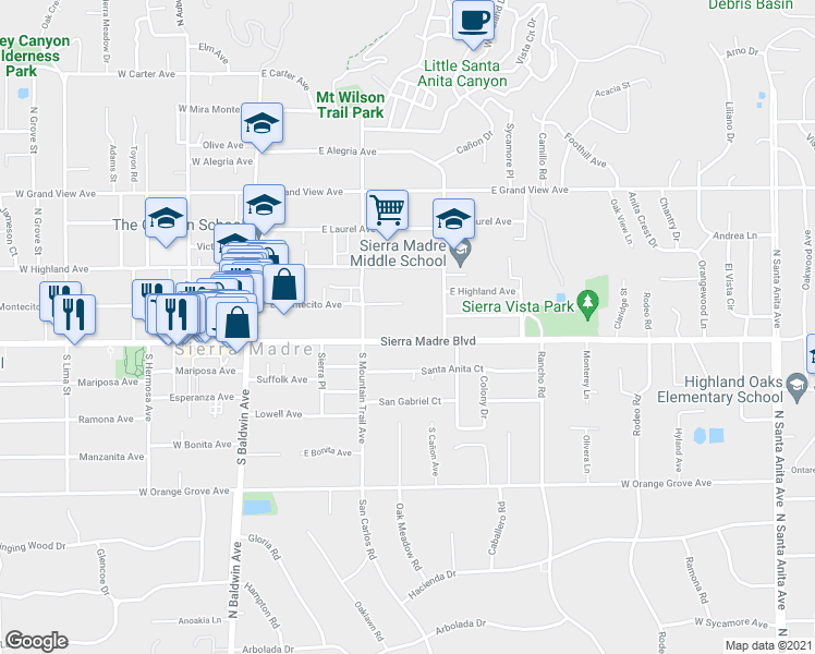 map of restaurants, bars, coffee shops, grocery stores, and more near 274 East Montecito Avenue in Sierra Madre