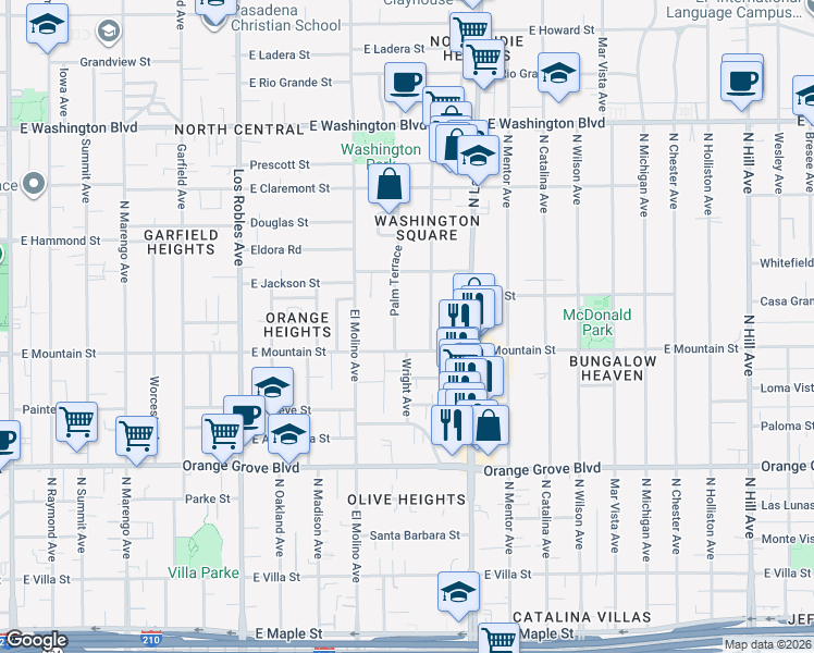 map of restaurants, bars, coffee shops, grocery stores, and more near 959 Palm Terrace in Pasadena