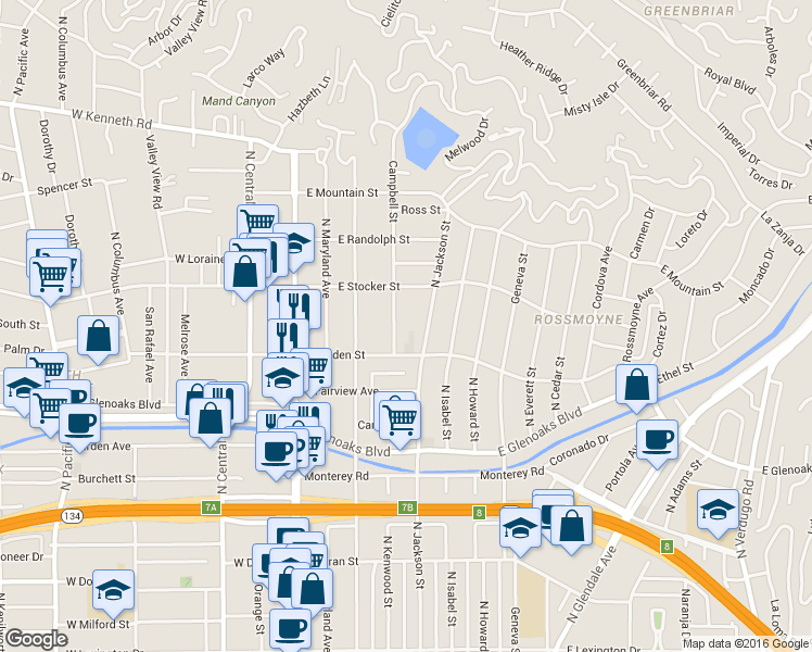map of restaurants, bars, coffee shops, grocery stores, and more near 1122 Campbell Street in Glendale