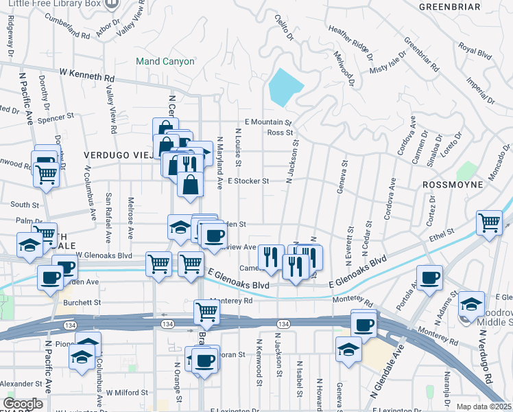 map of restaurants, bars, coffee shops, grocery stores, and more near 1122 Campbell Street in Glendale