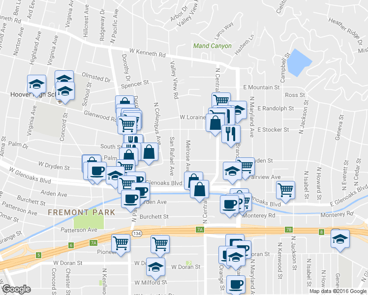 map of restaurants, bars, coffee shops, grocery stores, and more near 1125 Melrose Avenue in Glendale