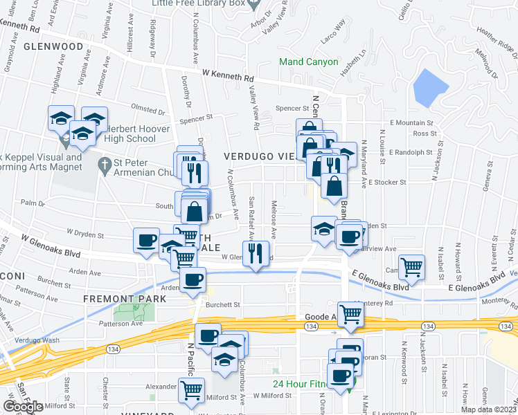 map of restaurants, bars, coffee shops, grocery stores, and more near 1125 Melrose Avenue in Glendale