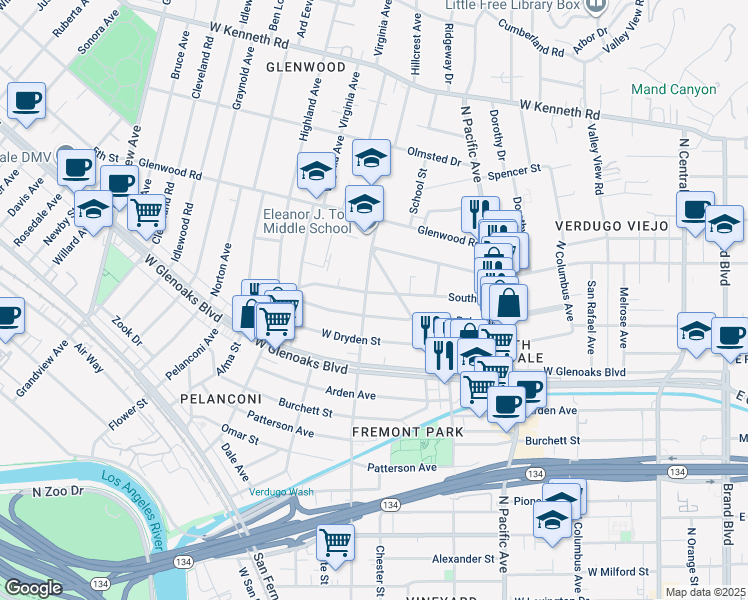 map of restaurants, bars, coffee shops, grocery stores, and more near 628 South Street in Glendale