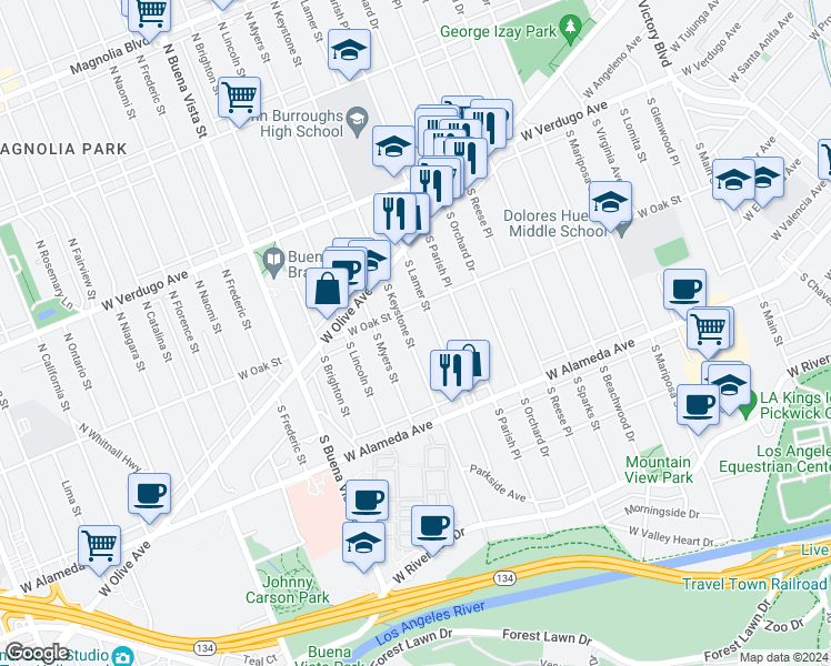 map of restaurants, bars, coffee shops, grocery stores, and more near 221 South Lamer Street in Burbank