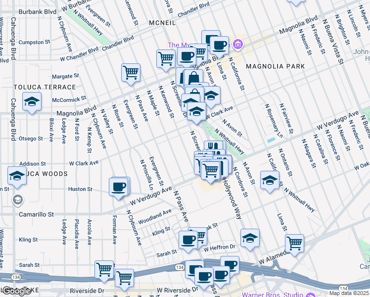map of restaurants, bars, coffee shops, grocery stores, and more near 715 North Kenwood Street in Burbank