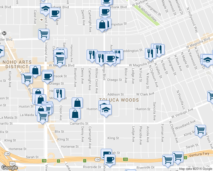 map of restaurants, bars, coffee shops, grocery stores, and more near 5041 Auckland Avenue in Los Angeles