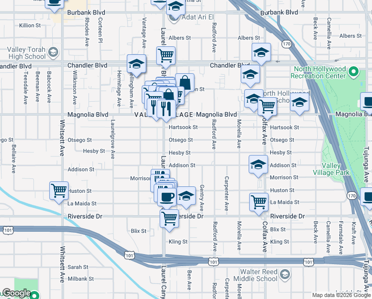 map of restaurants, bars, coffee shops, grocery stores, and more near 12021 Hesby Street in Los Angeles
