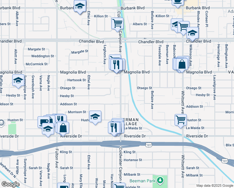 map of restaurants, bars, coffee shops, grocery stores, and more near 5035 Coldwater Canyon Avenue in Los Angeles