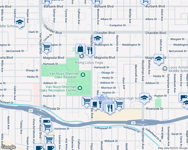 map of restaurants, bars, coffee shops, grocery stores, and more near 5038 Hazeltine Avenue in Los Angeles
