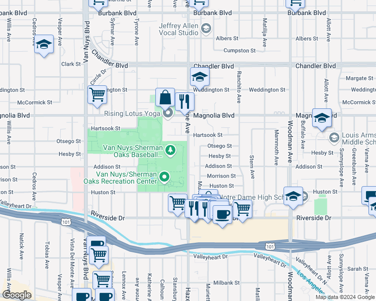 map of restaurants, bars, coffee shops, grocery stores, and more near 5038 Hazeltine Avenue in Los Angeles