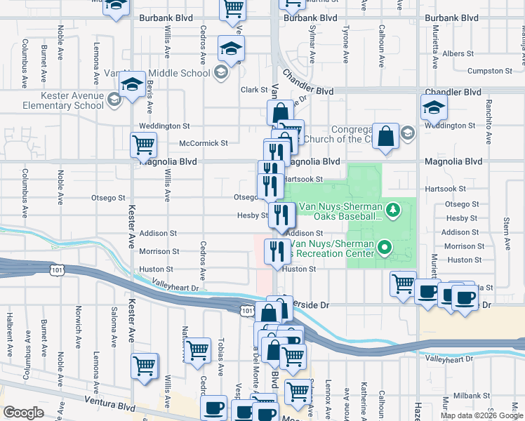 map of restaurants, bars, coffee shops, grocery stores, and more near 5043a Van Nuys Boulevard in Los Angeles