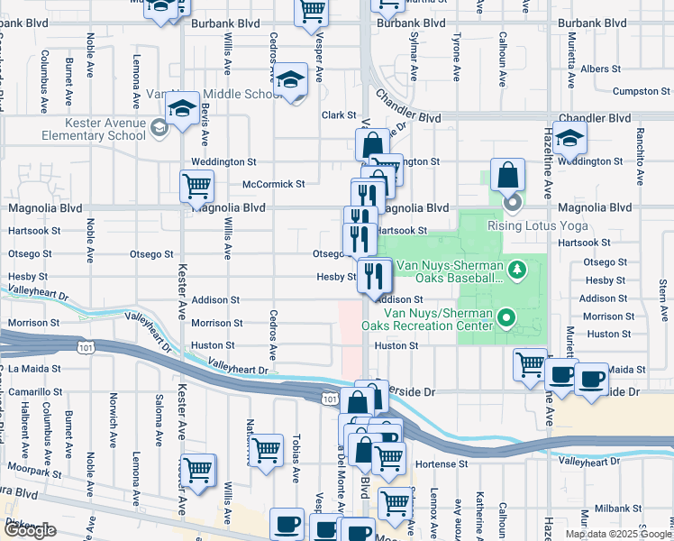 map of restaurants, bars, coffee shops, grocery stores, and more near 14549 Hesby Street in Los Angeles