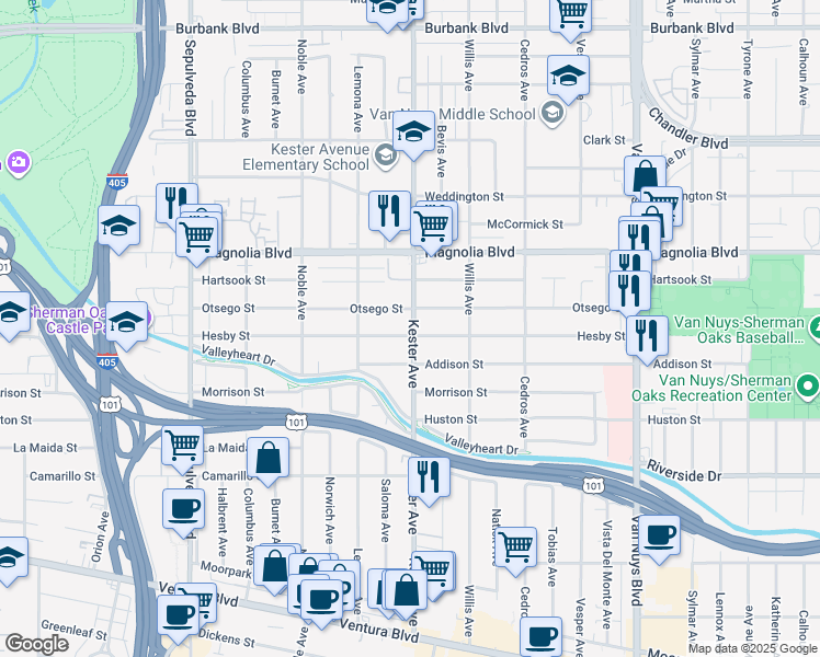 map of restaurants, bars, coffee shops, grocery stores, and more near 5057 Kester Avenue in Los Angeles