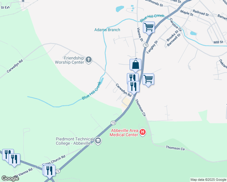 map of restaurants, bars, coffee shops, grocery stores, and more near 223 Carwellyn Road in Abbeville