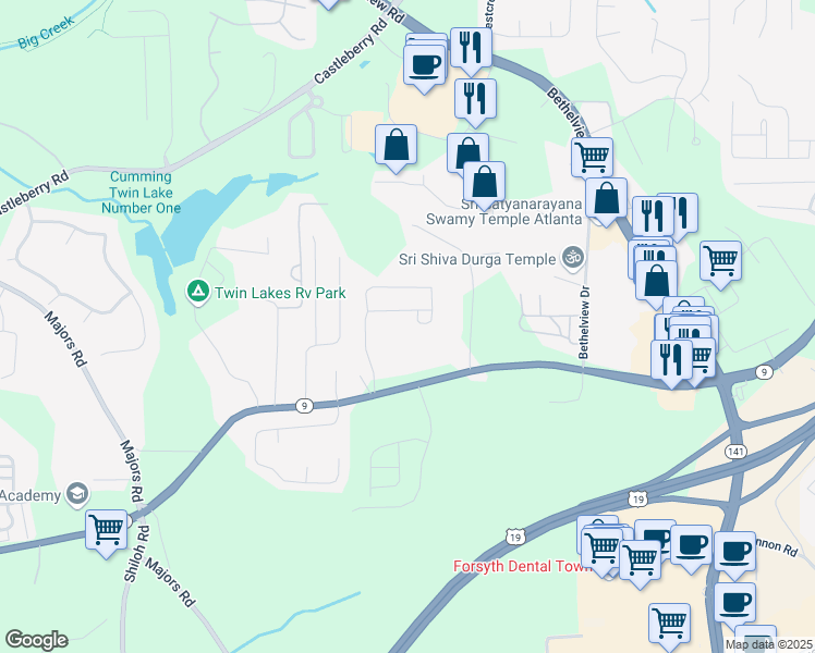 map of restaurants, bars, coffee shops, grocery stores, and more near 3295 Carrick Road in Cumming