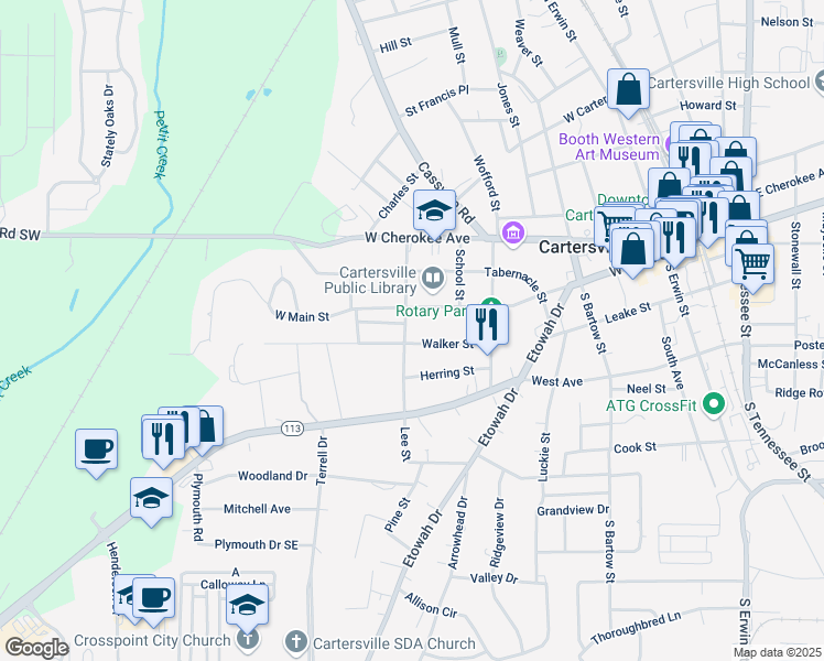 map of restaurants, bars, coffee shops, grocery stores, and more near 108 Lee Street in Cartersville