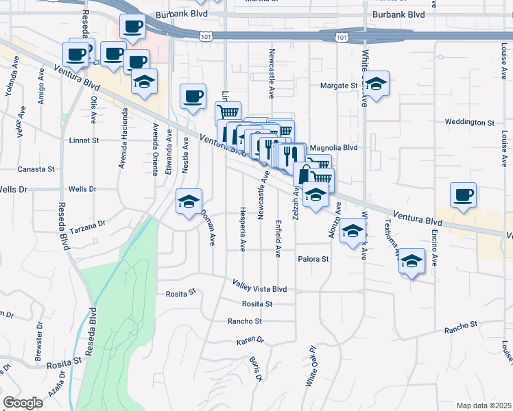 map of restaurants, bars, coffee shops, grocery stores, and more near 5113 Newcastle Avenue in Los Angeles