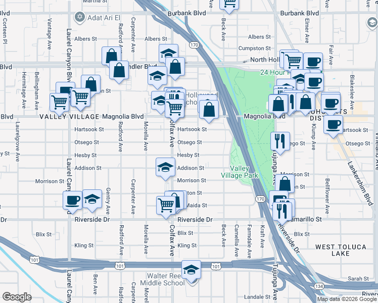 map of restaurants, bars, coffee shops, grocery stores, and more near 11621 Hesby Street in Los Angeles