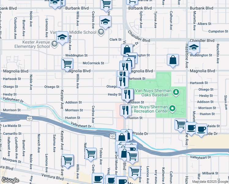 map of restaurants, bars, coffee shops, grocery stores, and more near 14537 Hesby Street in Los Angeles