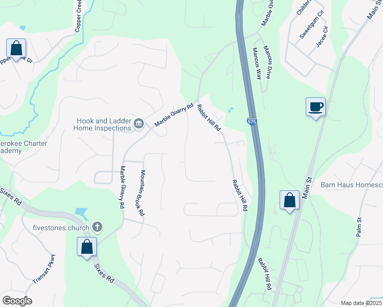 map of restaurants, bars, coffee shops, grocery stores, and more near 1755 Mountain Trace in Canton