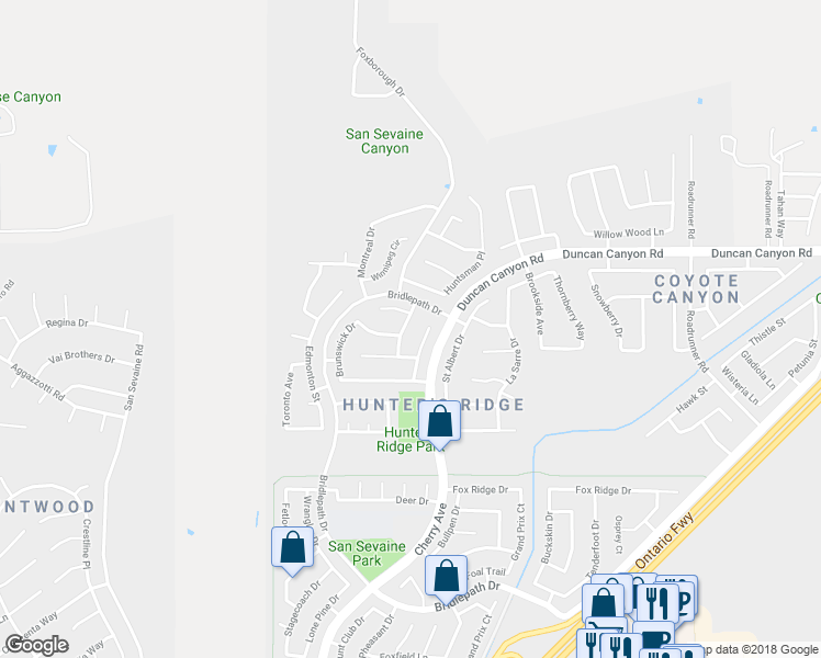 map of restaurants, bars, coffee shops, grocery stores, and more near 5049 Manitoba Drive in Fontana