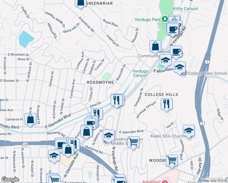 map of restaurants, bars, coffee shops, grocery stores, and more near 1229 Ethel Street in Glendale