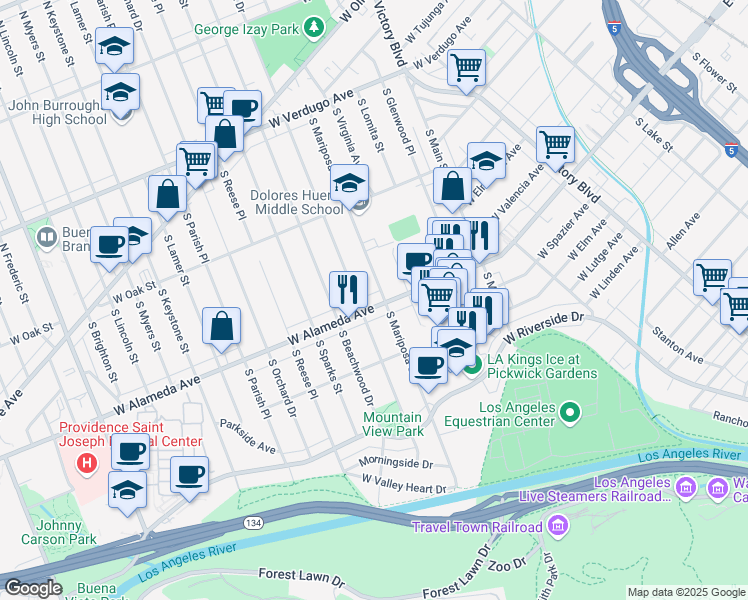 map of restaurants, bars, coffee shops, grocery stores, and more near 1307 West Alameda Avenue in Burbank