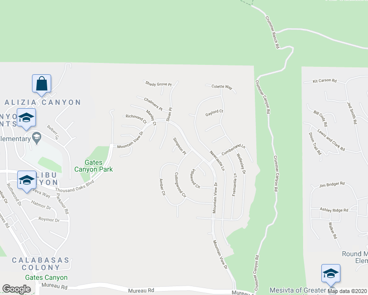 map of restaurants, bars, coffee shops, grocery stores, and more near 25717 Simpson Place in Calabasas