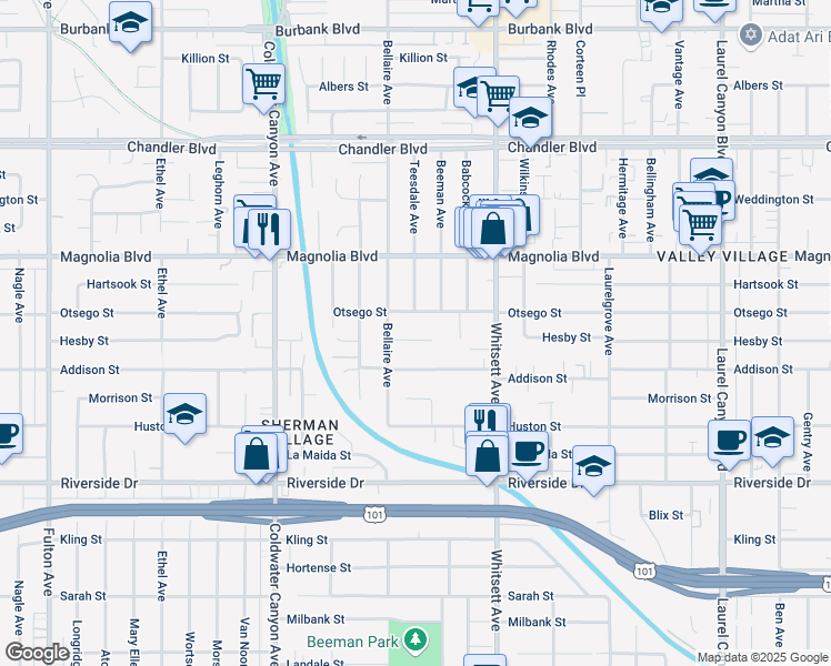 map of restaurants, bars, coffee shops, grocery stores, and more near 12633 Hesby Street in Los Angeles