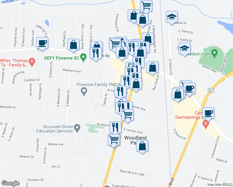 map of restaurants, bars, coffee shops, grocery stores, and more near 204 West Conyers Avenue in Florence