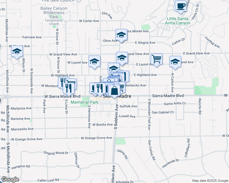 map of restaurants, bars, coffee shops, grocery stores, and more near in Sierra Madre