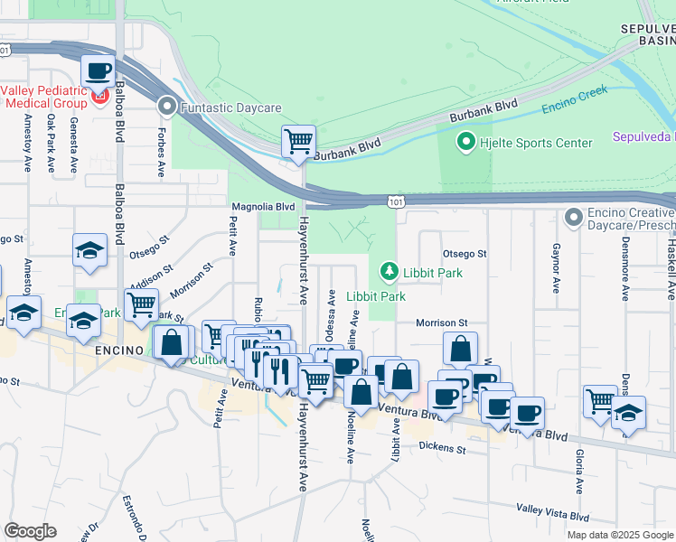 map of restaurants, bars, coffee shops, grocery stores, and more near 5040 Odessa Avenue in Los Angeles
