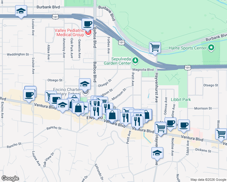 map of restaurants, bars, coffee shops, grocery stores, and more near 16764 Addison Street in Los Angeles