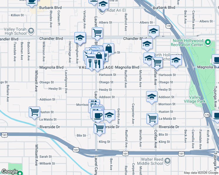map of restaurants, bars, coffee shops, grocery stores, and more near 12021 Hesby Street in Los Angeles