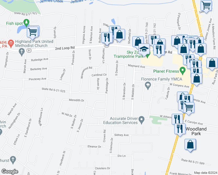 map of restaurants, bars, coffee shops, grocery stores, and more near 1720 Partridge Drive in Florence