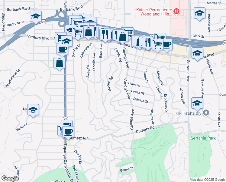 map of restaurants, bars, coffee shops, grocery stores, and more near 5160 Medina Road in Los Angeles