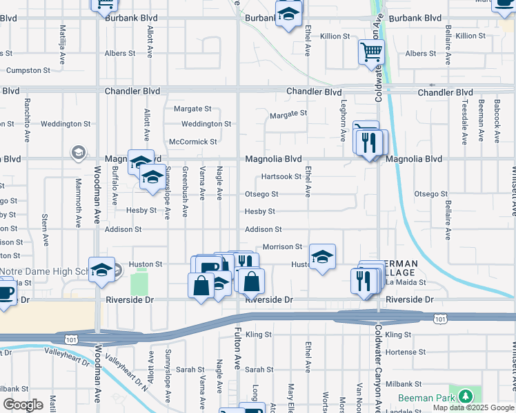 map of restaurants, bars, coffee shops, grocery stores, and more near 13229 Hesby Street in Los Angeles