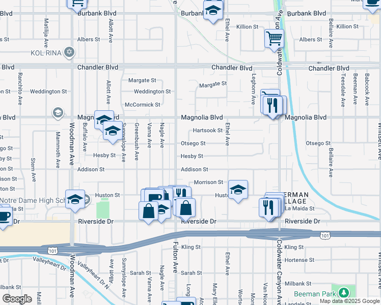 map of restaurants, bars, coffee shops, grocery stores, and more near 13229 Hesby Street in Los Angeles