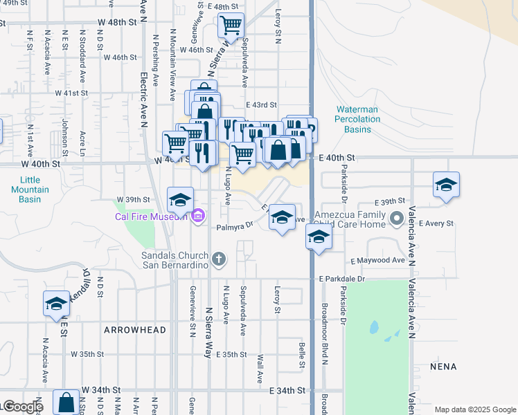 map of restaurants, bars, coffee shops, grocery stores, and more near 183 East Ralston Avenue in San Bernardino